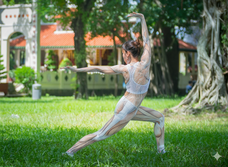 A woman in a deep lunge, the fascia lines of the body drawn over her