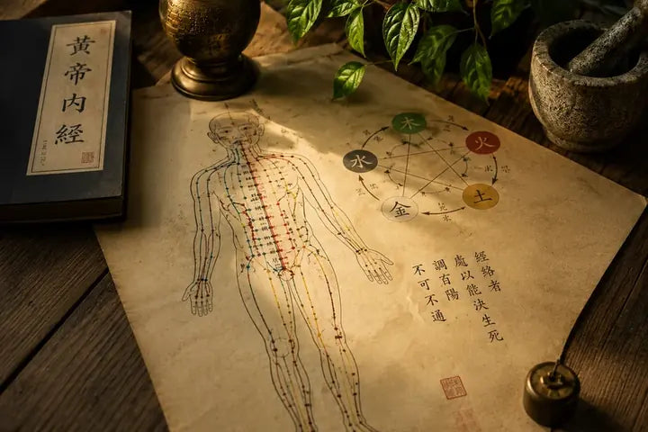 A meridian chart on parchment beside a copy of the Huangdi Neijing