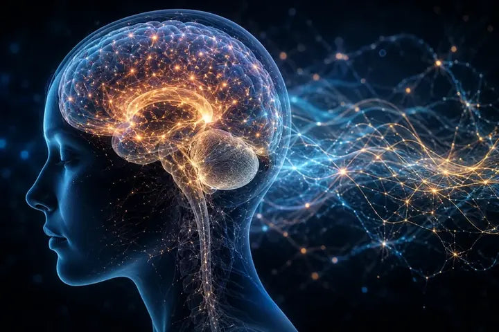 A human head in profile with the brain and nervous system lit up