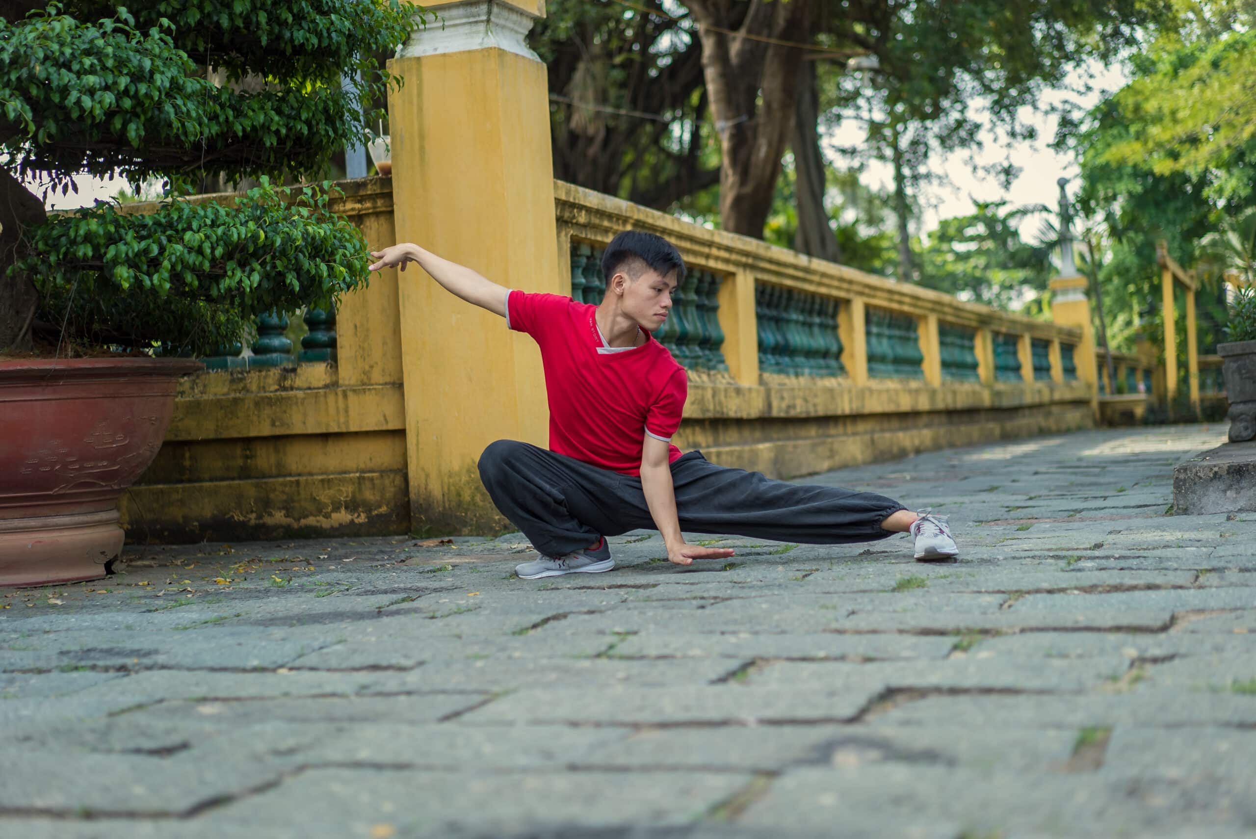 A boy in red shirt practicing snake qigong in the park