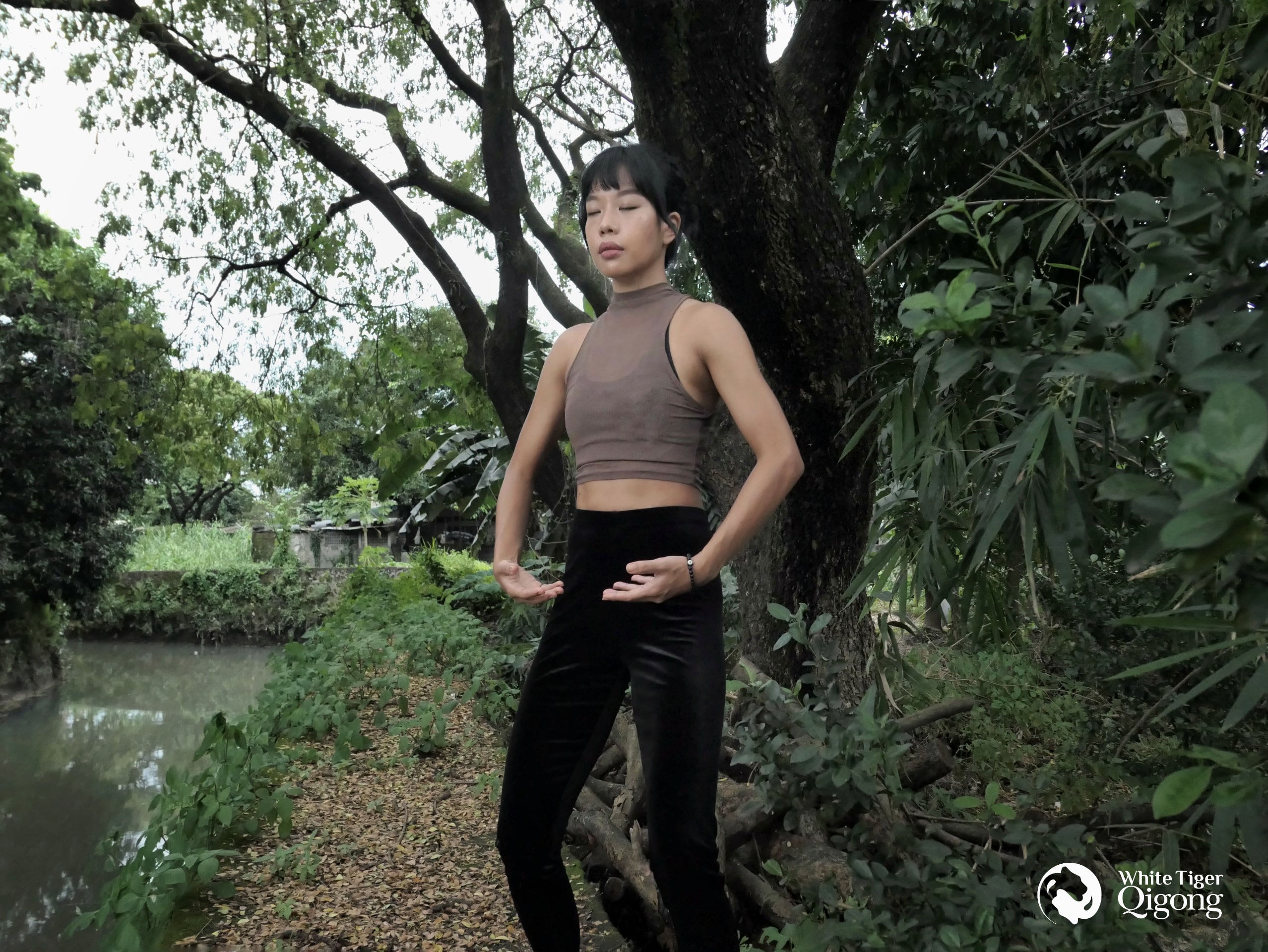 Qigong Poses - A woman practicing Holding The Ball Zhan Zhuang qigong pose surrounded by nature