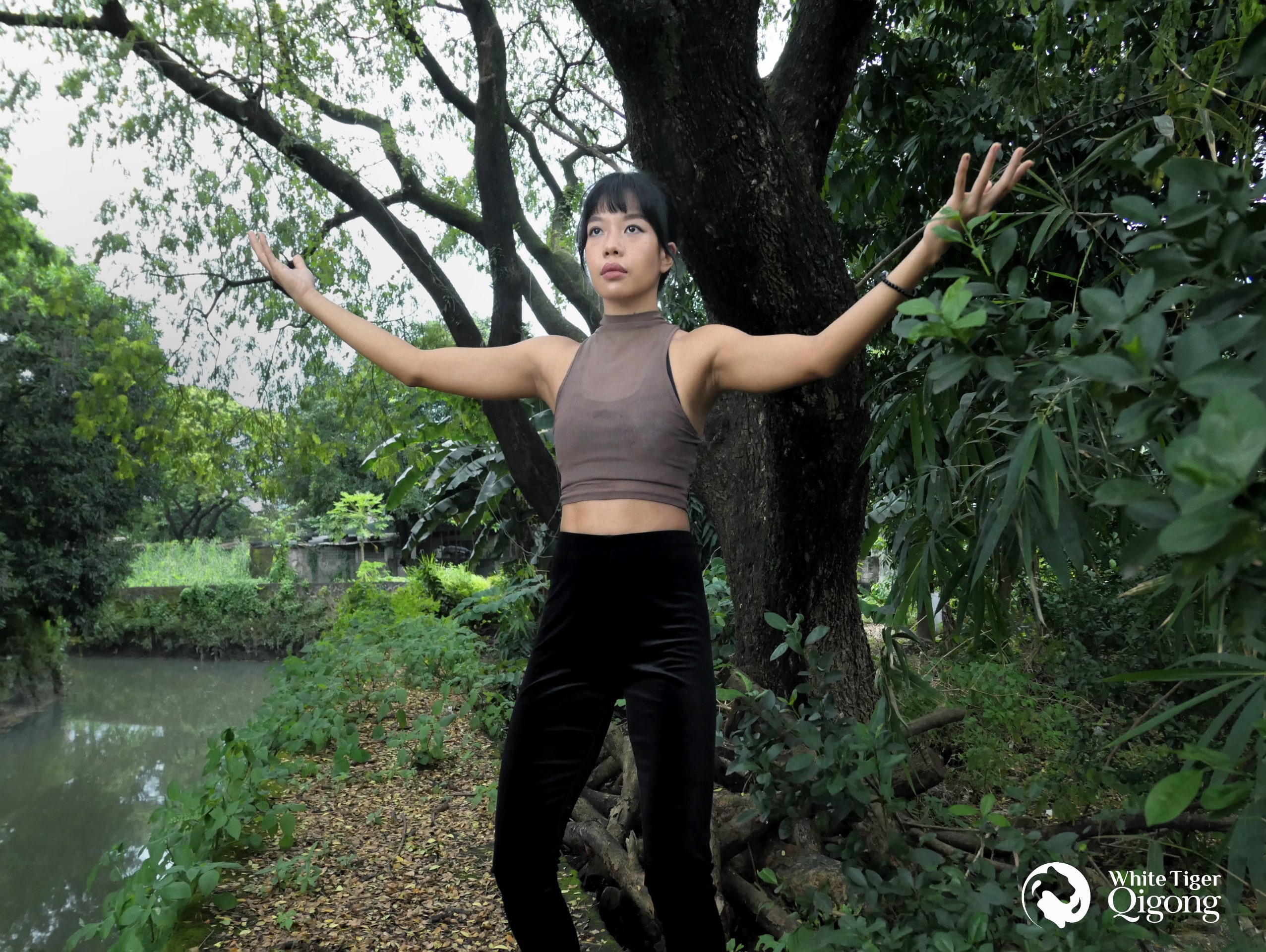 Qigong Poses - A woman practicing Heavenly Upholding Palm Zhan Zhuang qigong pose surrounded by nature 