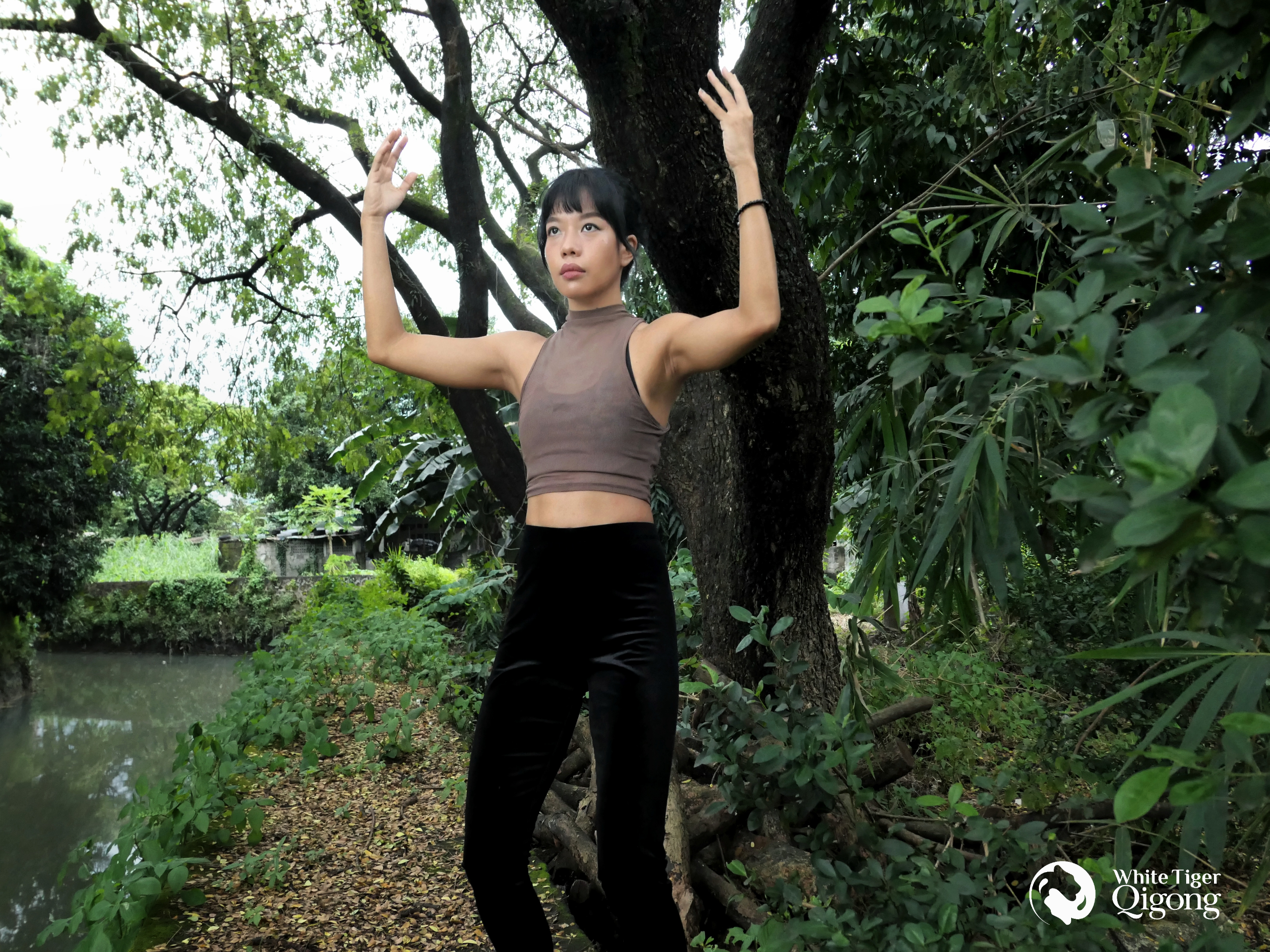 Qigong Poses - A woman practicing Holding Tree Zhan Zhuang qigong pose surrounded by nature 